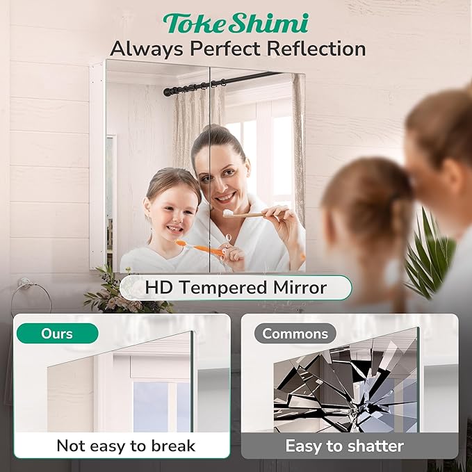 TokeShimi 16x26 Farmhouse Medicine Cabinet Recessed or Surface Mount Aluminum, Tempered Mirror with Adjustable Storage, White Bathroom Mirror Medicine Cabinet Frameless Metal Modern