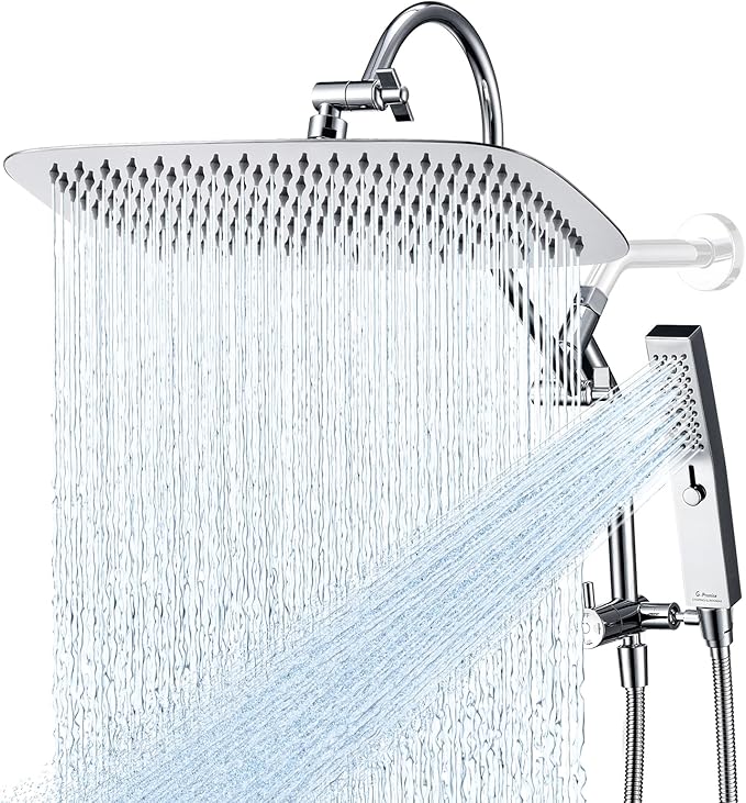 G-Promise All Metal 14 Inch Shower Head with Massage Mode Handheld, Rain Shower Head with Handheld Spray Combo, 3-Way Diverter with Pause Setting, 13 Inch Adjustable Extension Arm (Polished Chrome)