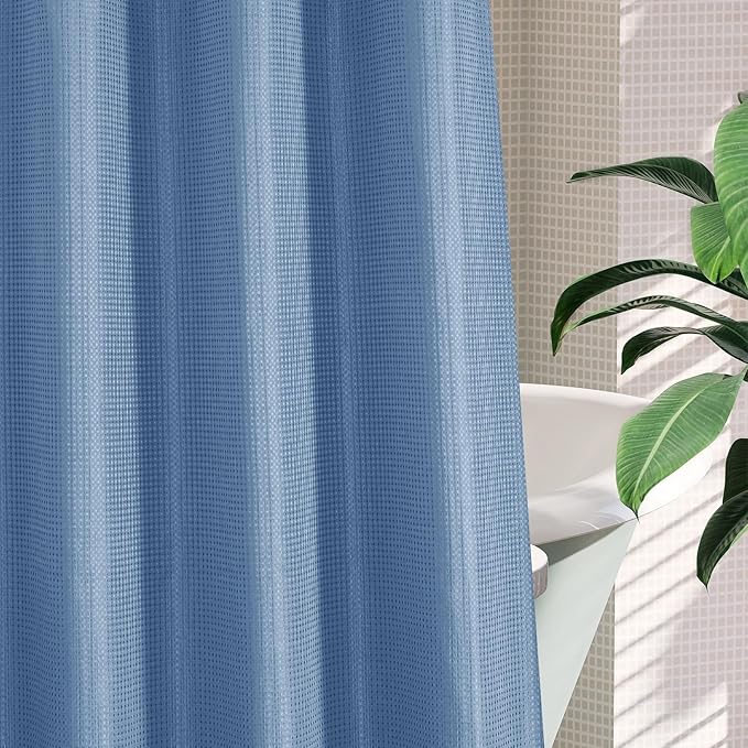 MitoVilla No Hooks Needed Extra Long Shower Curtain Liner Set, Blue 86 inch XL Heavyweight Waffle Fabric Cloth Shower Curtains Set with Snap-in Liner for Modern Luxury Hotel & Spa Bathroom Decor