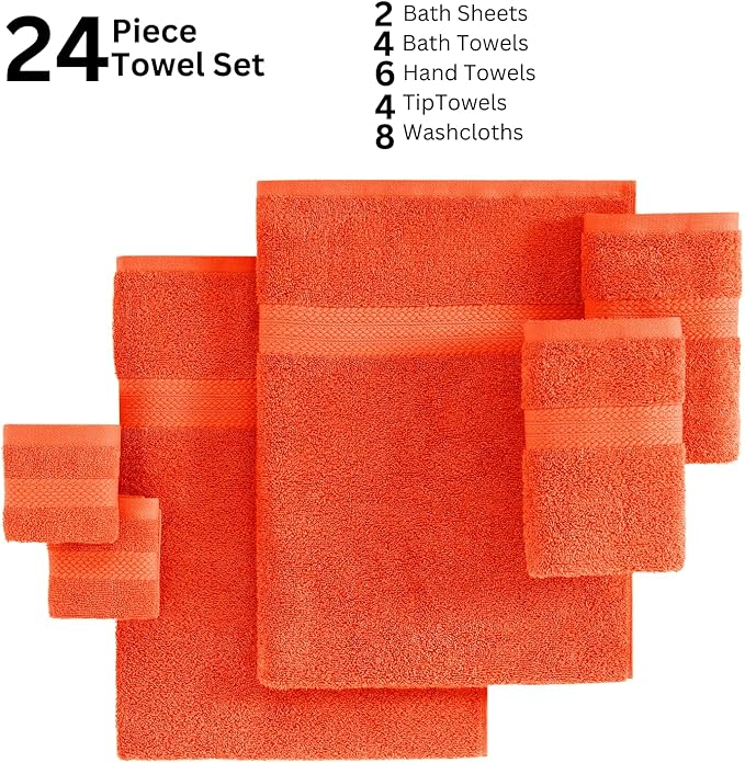 LANE LINEN 100% Luxury Cotton Bath Towel Set - Durable, Quick Dry, Ultra Soft & Highly Absorbent - 4 Bath, 4 Fingertip, 6 Hand Towel, 8 Washcloths, 2 Bath Sheets - Ring Spun Technology - Tiger Lily