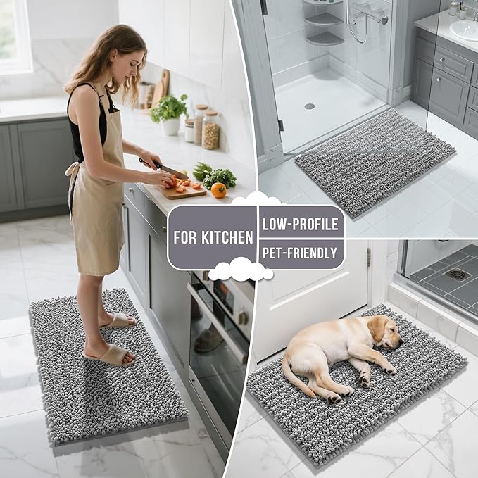 Yimobra Bathroom Rugs Sets 2 Piece - Quick Dry Extra Thick Luxury Chenille Bath Mat, Non Slip Super Absorbent for Tub Shower Sink, Machine Washable Shaggy Floor Mat, 32"x20"+24"x17" Inch, Grey