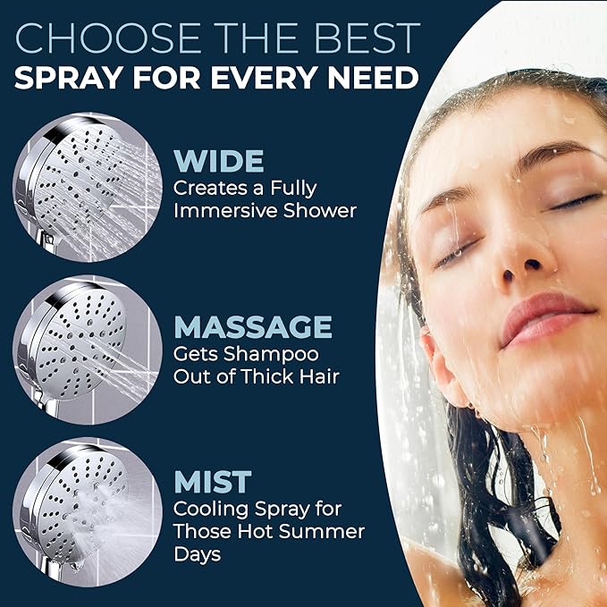 HammerHead Showers® Solid Metal 3-Spray Handheld Shower Head with Long Hose and Holder - CHROME - 2.5 GPM High Pressure Shower Head with Handheld Sprayer - WIDE, MASSAGE, and MIST Sprays