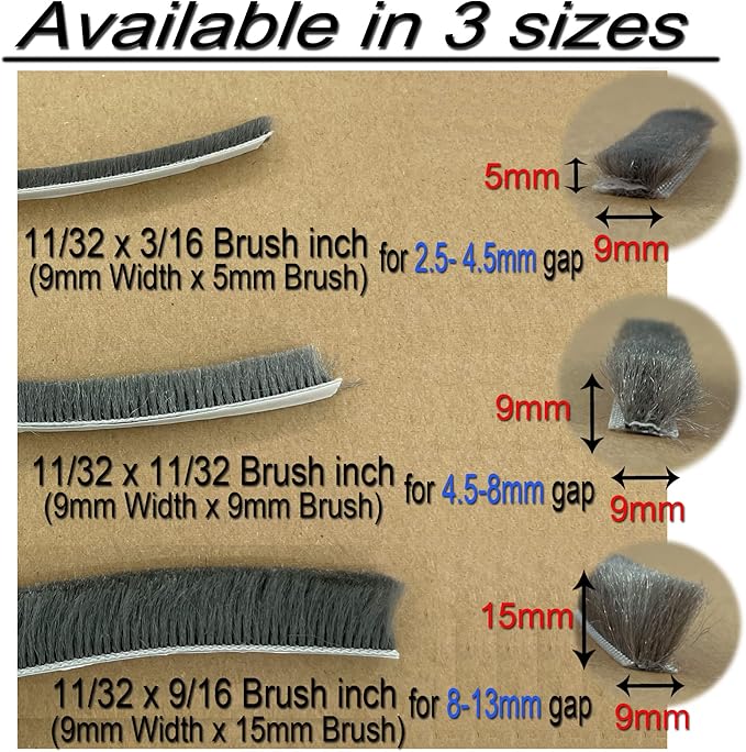 Window Weather Stripping Brush for Sliding Door Frame, Pile Self Adhesive Weather Strip Seal Strip Sealer Soundproofing (65ft x11/32 Backing x 3/16 Brush inch, Black)