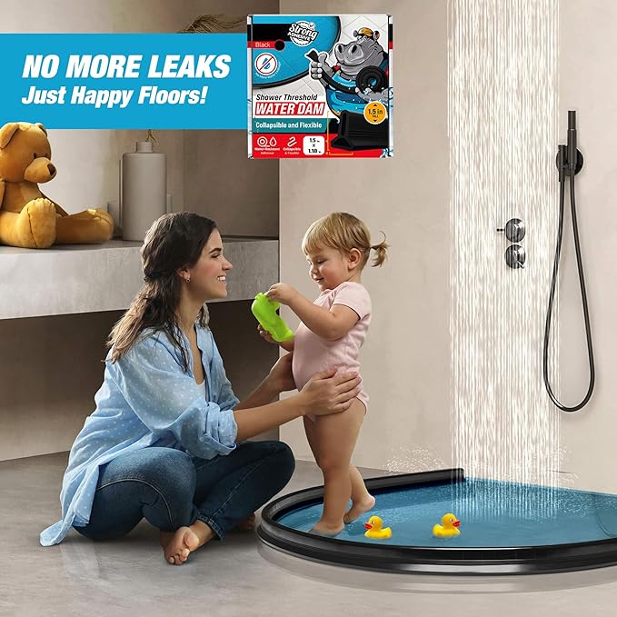 Shower Threshold Water Dam Barrier 39" - Black Collapsible Shower Water Blocker - Shower Guard for Walk in Shower - Water Guard Stopper for Floor - Shower Dam - 1.5" Tall - By Hippo Dam