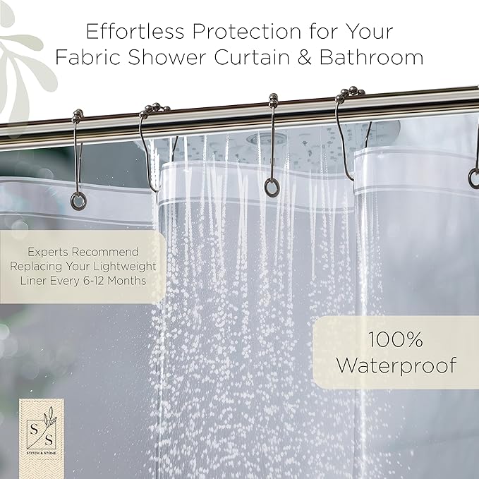 Stitch & Stone Shower Curtain Liner, Premium Medium Weight Durable Waterproof 6g PEVA for Bathroom with Weighted Magnets, Standard Size 72" x 72", Clear 1 Pack