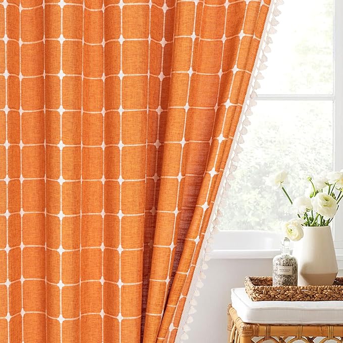 MitoVilla Orange Boho Extra Long Shower Curtain 72 x 84, Modern Farmhouse 84 inch XL Polyester Linen Texture Tassel Fabric Shower Curtain Set with Hooks for Cottagecore Country Bathroom Decor