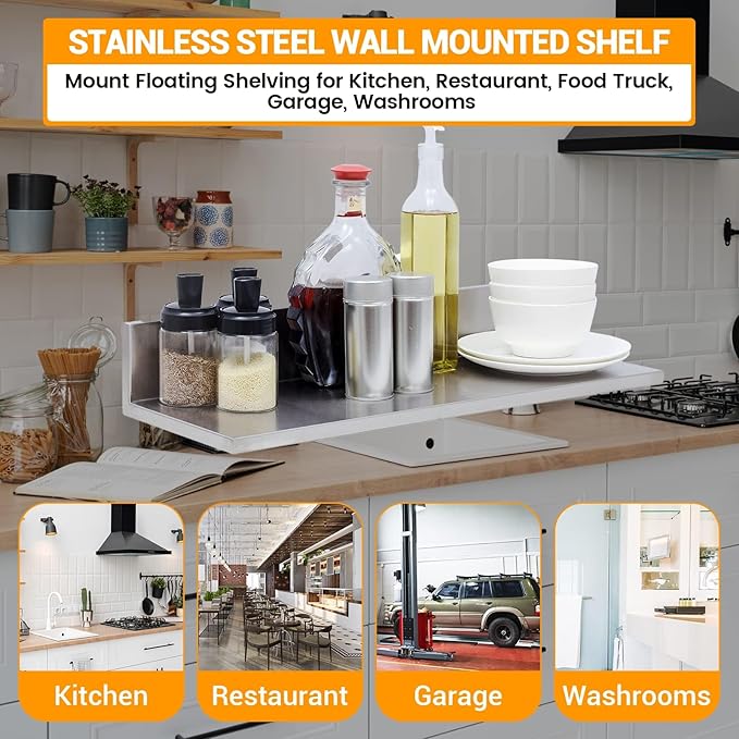 Stainless Steel Wall Shelf 8.6"x30" 60LB, 2 Packs L-Shaped Commercial Wall Mount Floating Shelving for Kitchen, Restaurant, Home
