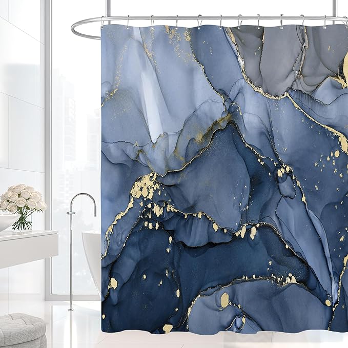 Navy Blue Marble Shower Curtain 60x72, Dark Blue Modern Abstract Fabric Shower Curtains for Bathroom, Luxury Art Ink Texture Watercolor Cloth Shower Curtain Set with Hooks