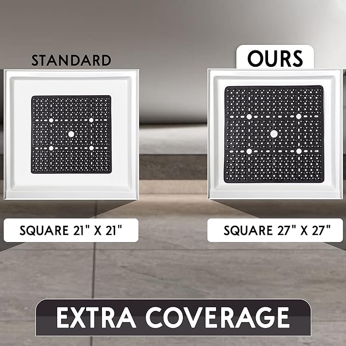 ENKOSI Square Shower Mat 27x27 inch - Anti Slip Bathroom Shower Stall Mats for Shower Floors - Non Slip Square Bath Mat with Strong Secure Suction Cups and Drain Holes in Middle (Clear Blue 27x27)