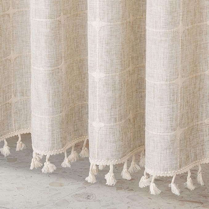 MitoVilla Boho Small Stall Shower Curtain 36 x 72, Grey Half Size Narrow Polyester Linen Tassel Cloth Fabric Shower Curtains for Chic Modern Farmhouse Country Bathroom Decor