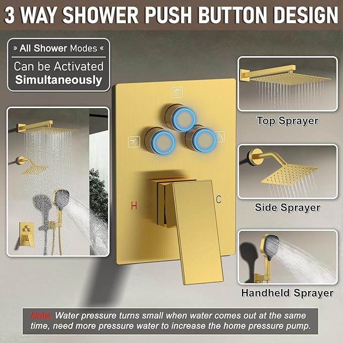 Shower Faucet Set Brushed Gold Shower System, Push Button Diverter 3-Way Shower Valve Kit, Wall Mount 12 Inch Overhead Shower Head with 6 Inch Side Spray Shower Head, 4 Modes Flow Handheld Shower