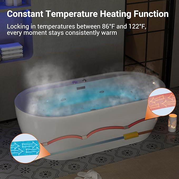 Acrylic Freestanding Bathtubs 71 inch Massage and Air Bubble Jets – Glossy White Soaking Bathtub, Free Standing Bathtub with Heater and Digital Panel, Stand Alone Tub Bathtubs for Bathroom