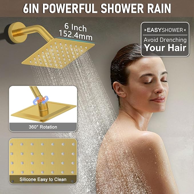 Shower Faucet Set Brushed Gold Shower System, Push Button Diverter 3-Way Shower Valve Kit, Wall Mount 12 Inch Overhead Shower Head with 6 Inch Side Spray Shower Head, 4 Modes Flow Handheld Shower