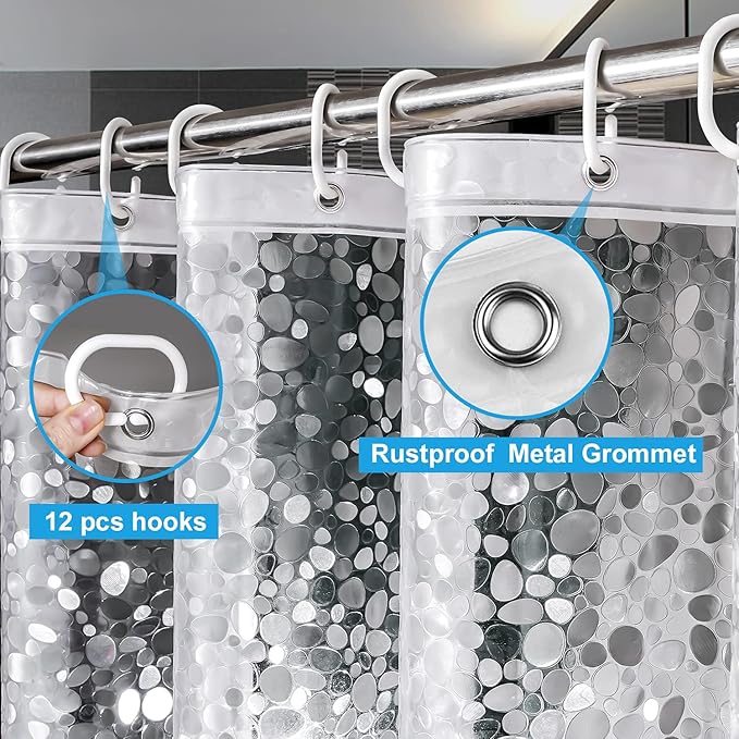 UFRIDAY Extra Long Shower Curtain Liner 72x86 Inch,EVA Plastic Waterproof Shower Curtain with 3 Big Magnets,Heavy Duty,Semi Transparent, 3D Cobblestone Bathroom Liner