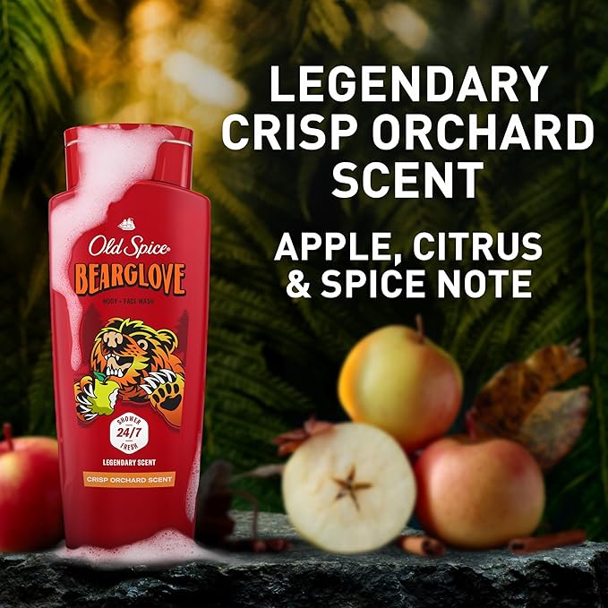Old Spice Cleansing Body Wash for Men, 3X Defense, 24/7 Shower Fresh with Lasting Scent, 2-in-1 Body & Face Wash, Bearglove with Crisp Orchard Scent, 24 oz (Pack of 4)