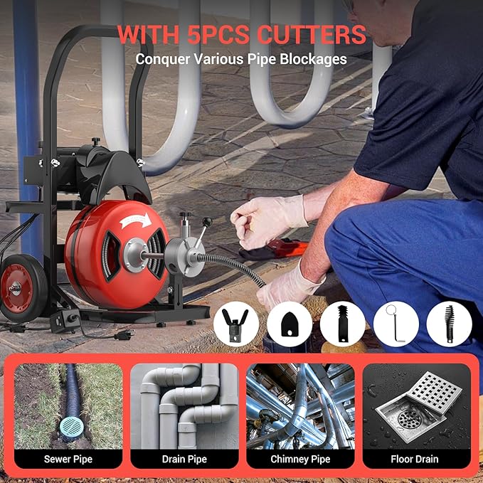 Electric Drain Cleaning Machine 100Ft 1/2 Inch, 450W Auto Feed Portable Sewer Snake, Drain Auger with 6 Cutter and Air-Activated Foot Switch for 2"–4" Pipes