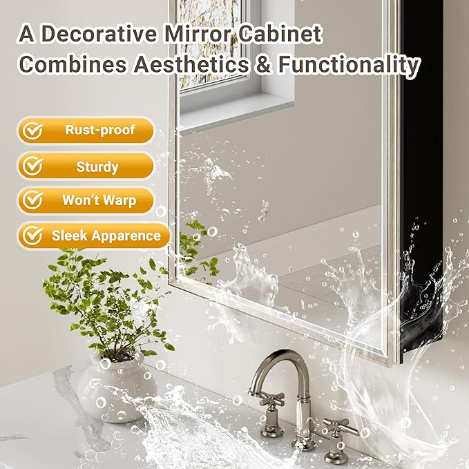 Pre-Assembled Surface or Recessed Medicine Cabinet Mirror-24x30 Brushed Nickel Bathroom Medicine Cabinet with Mirror & Rustproof Aluminum Frame, Beveled Bathroom Vanity Mirror with Storage