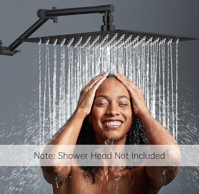 G-Promise 16 Inch Shower Head Extension Arm, Solid Brass Height & Angle Adjustable Extender, Rise or Lower Rainfall and Fixed Shower Head (Matte Black)