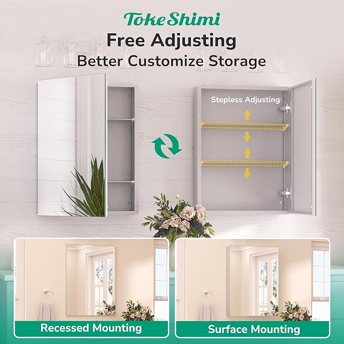 TokeShimi 48x24 Bathroom Medicine Cabinet with Mirror Tempered, Aluminum Silver Mirrored Medicine Cabinet Recessed or Surface Mount with Adjustable Storage Metal for Modern Farmhouse