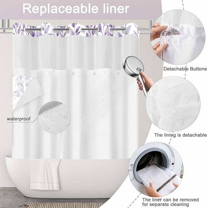 No Hook Shower Curtain and Liner Set, Light Purple Eucalyptus Floral Shower Curtains for Bathroom, Bath Curtain Sets with Snap in Liner, Waterproof with See Through Top Window, 71x77 Inches