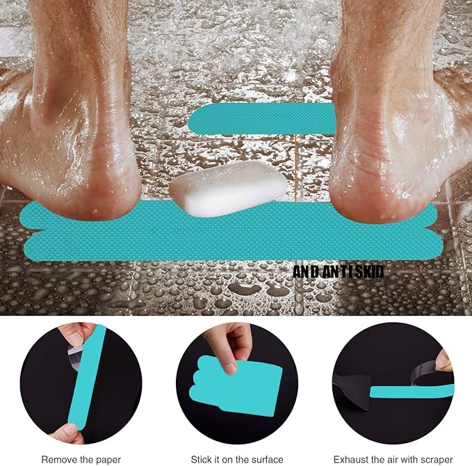 Anti Slip Shower Stickers, Safety Bathtub Strips Adhesive Decals with Premium Scraper for Bath Tub Shower Stairs Ladders Boats (Blue)