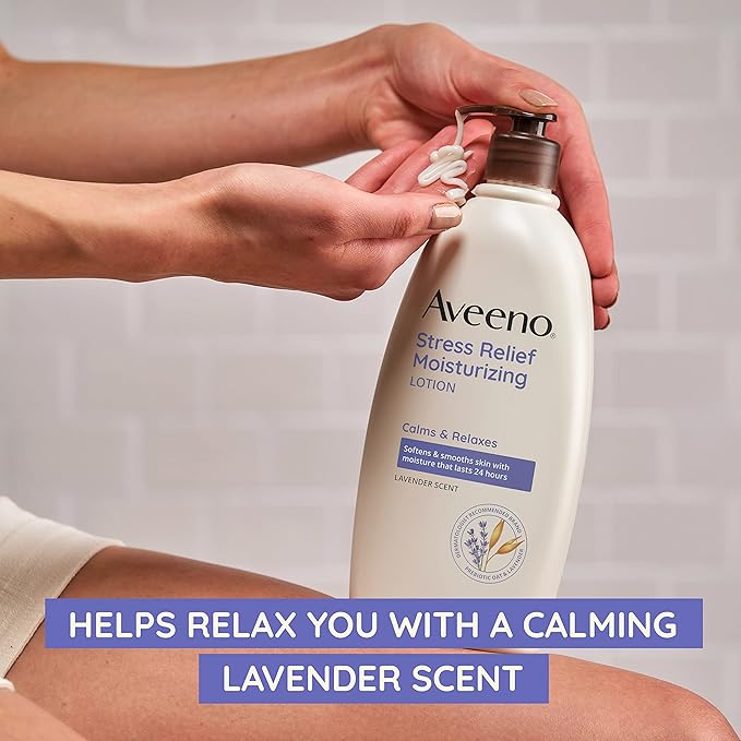 Aveeno Stress Relief Moisturizing Body Lotion with Lavender Scent, Natural Oatmeal to Calm & Relax, Non-Greasy Daily Stress Relief Lotion, 12 fl. oz