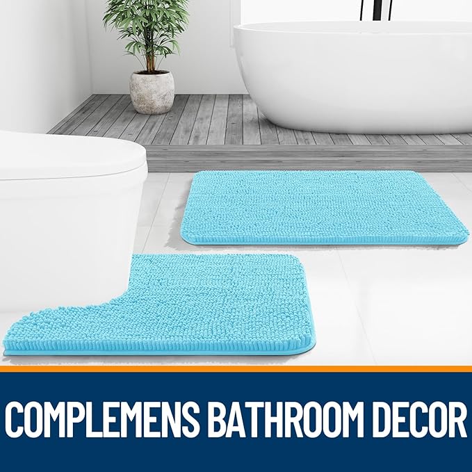 OLANLY Bathroom Rugs 47x24, Extra Soft Absorbent Chenille Bath Rugs, Rubber Backing Quick Dry, Machine Washable Bath Mats for Bathroom Floor, Tub and Shower, Home Decor Accessories, Sky Blue