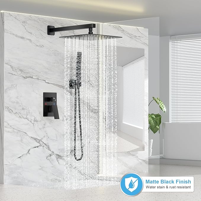 Black Shower Faucet Set, Rainfall Shower System with Square Shower Head and Handle Set, Wall Mounted Shower Fixtures, Full Metal Trim Repair Kit 10 inch Matte Black (With Shower Valve)
