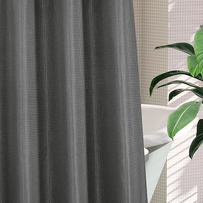 MitoVilla No Hooks Needed Grey Waffle Shower Curtain Liner Set, Modern Waffle Weave Heavy Duty Fabric Cloth Shower Curtain with Snap-in Liner for Luxury Neutral Hotel Spa Bathroom Decor