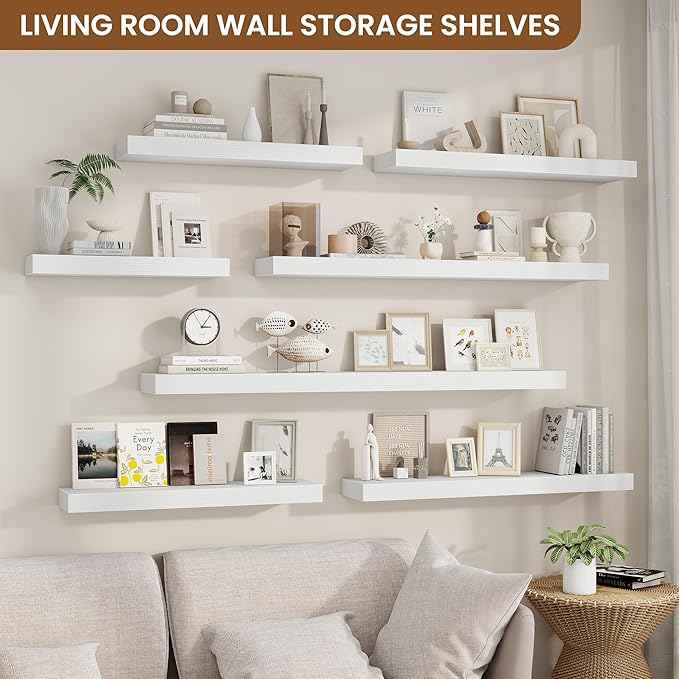 fuqing Floating Shelves for Wall, Wall Mounted Wood Floating Shelf with Invisible Brackets for Living Room, Bathroom, Bedroom, Kitchen Storage and Decor, 32 Inch Set of 2, White
