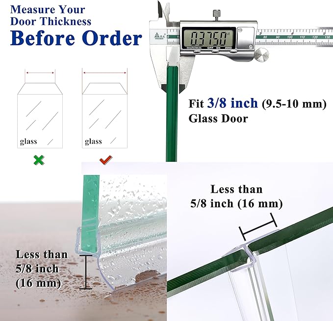 Frameless Shower Door Seal Strip 2 Pack x 39 Inch H for 3/8" Thick Glass Shower Door Side Seal Strip Bottom Seal Door Sweep, Ultra Clear Polycarbonate Stop Shower Leaks Create A Water Barrier