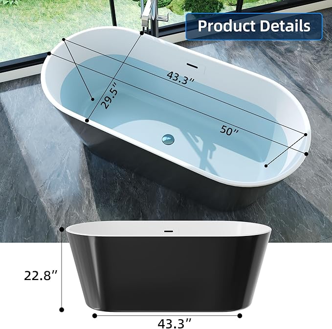 59'' Acrylic Freestanding Bathtub, Deep Soaking Tub with Non-Slip Base, cUPC Certified, Modern Black Bath Tub with Chrome Drain, Free Standing Tub for Bathrooms