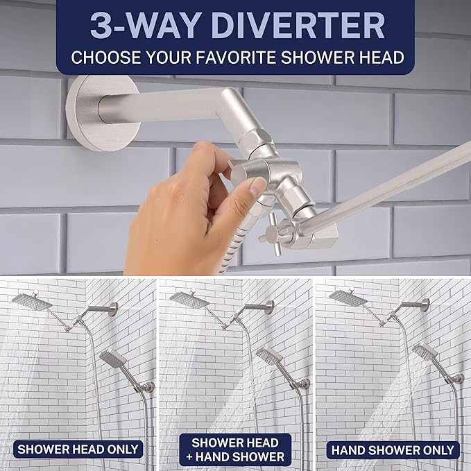 HammerHead® Solid Metal Dual Shower Head Combo — 8" Square Rain Shower Head with Handheld, 12" Adjustable Arm & Wall-Mount Holder for Flexible Installation — Brushed Nickel
