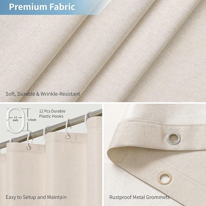 2-in-1 Waterproof Extra Long Fabric Shower Curtain or Liner,Linen Textured,84 Inch Breathable TPU & Washable Bathroom Shower Curtain Set with 12 Plastic Hooks,Modern,72"x84" Cream