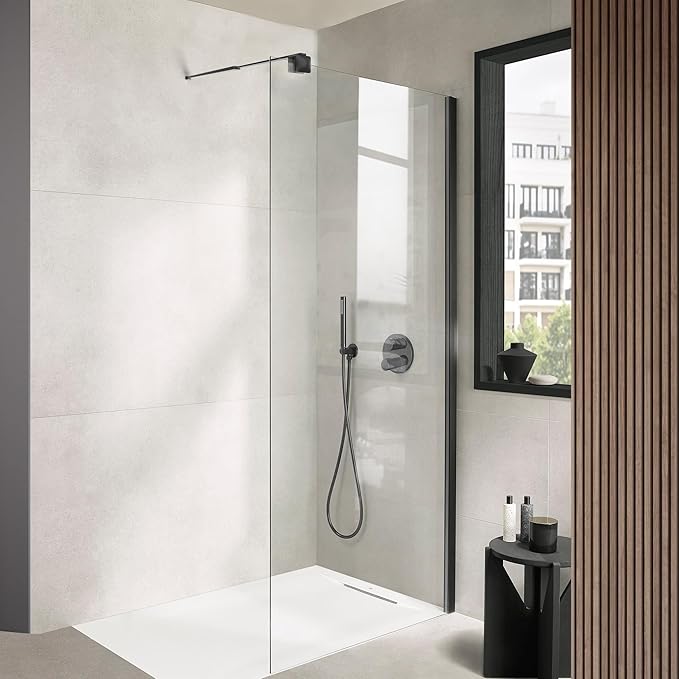 Shower Door Glass Support Bar, 26.96" to 48.54" Adjustable Stainless Steel Wall-to-Glass Shower Stabilizer Rod for 1/4", 5/16", 3/8", Matte Black