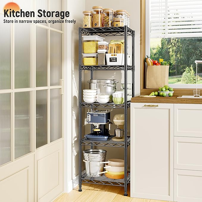 5 Tier Metal Shelving Unit Wire Shelving,Storage Rack for Small Space:Adjustable Storage Shelves Standing Bathroom Shelf and Narrow Small Shelf for Laundry Dorm Kitchen Pantry Closet15.8"w*11.8"D*53"H
