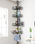 Corner Shower Caddy Tension Pole, 4-Tier Rustproof Bathroom Organizer Storage for Inside Shower Bathtub Shampoo,39 to 113 Inch Adjustable Floor Standing Shelves Black
