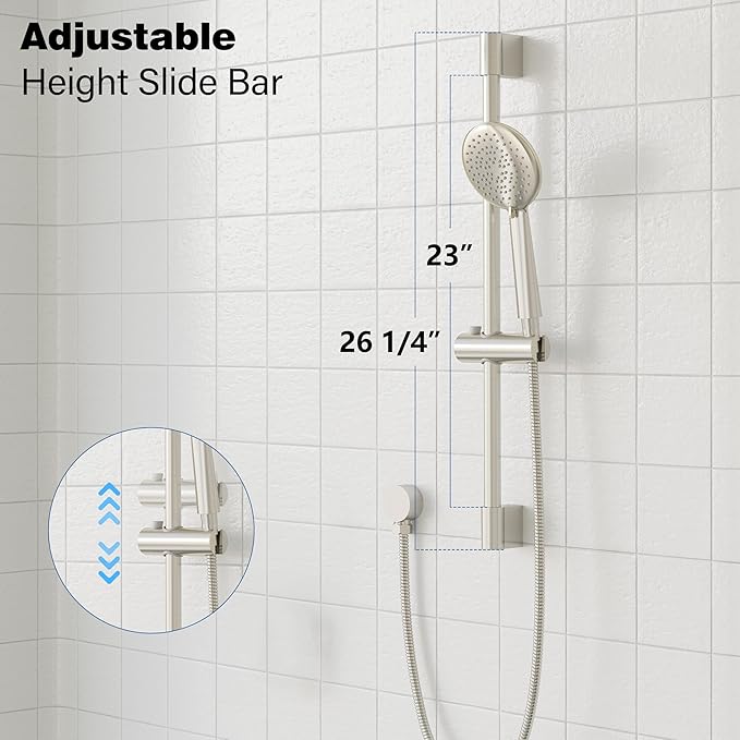 Gabrylly Shower System Brushed Nickel, Slide Bar Shower Faucet Set with High Pressure 10" Rain Head and 5-Setting Handheld Spray, 2 Way Pressure Balance Valve Trim Kit
