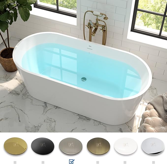 FerdY Shangri-La 67" Acrylic Freestanding Bathtub, Classic Oval Shape Acrylic Soaking Bathtub with Brushed Nickel Drain & Minimalist Linear Design Overflow, Modern White, cUPC Certified
