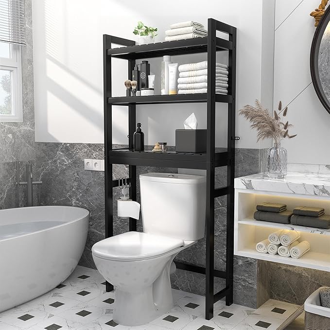 Homykic Bamboo Over The Toilet Storage Shelf, 3-Tier Above Toilet Storage Organizer Rack with 3 Hooks, Freestanding Bathroom Tower Shelf Unit for Small Space, No Rust, Easy to Assemble, Black