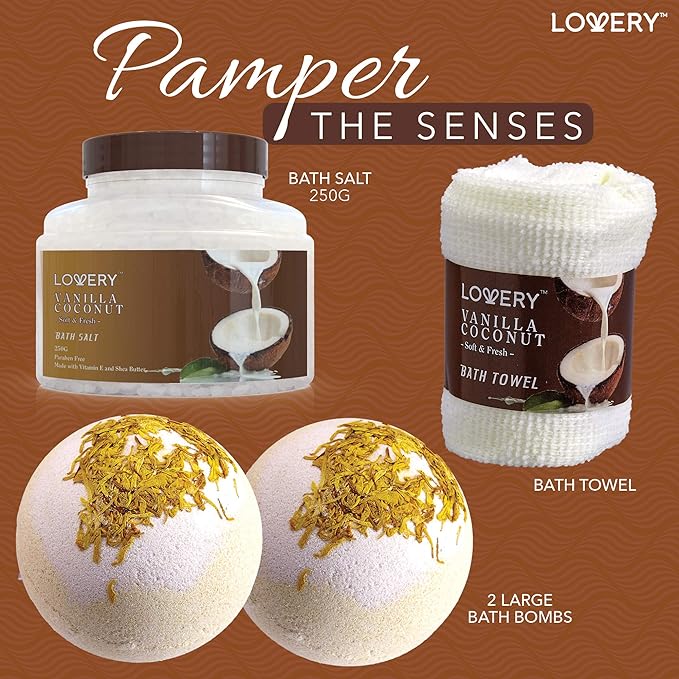 Gifts For Women Gift Basket for Women– 9 Piece Christmas Gifts Set of Vanilla Coconut Home Spa Set, Luxurious Holiday Bath and Body Sets Includes Fragrant Lotions, Extra Large Bath Bombs, Coconut Oil