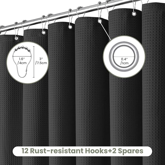 Inhousolu Fabric Shower Curtain Waffle Weave, 230 GSM Heavy Duty, Weighted Hem, 14 Metal Hooks, Water Repellent, Machine Washable, Hotel Spa Luxury Bath Curtain Set, 72 x 72 Inch, Black