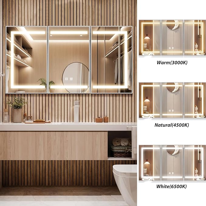 APRILSOUL 60X32 Inch Silver Bathroom Medicine Cabinet with Mirror, Recessed or Surface Lighted Medicine Cabinet with 3 Colors Temperature, Dimmable Light