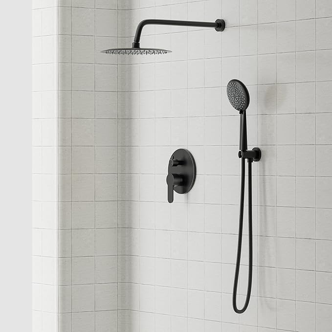 Gabrylly Shower System Black, Pressure Balance Shower Faucet Set, 10" Stainless Steel Rain Shower head with 5-Mode Handheld Shower Spray Combo,High Pressure Rainfall Shower Head Set, Matte Black