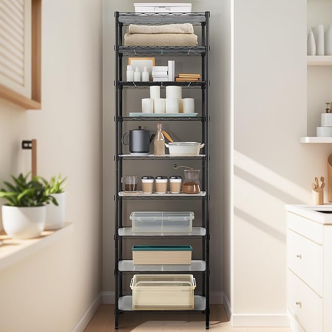 Finnhomy 9-Tier Wire Shelving Unit Adjustable Steel Wire Rack Shelving, 81 Inches Height 9 Shelves Metal Storage Rack, Pantry Shelves for Storage with PE mat, NSF Certified, Black