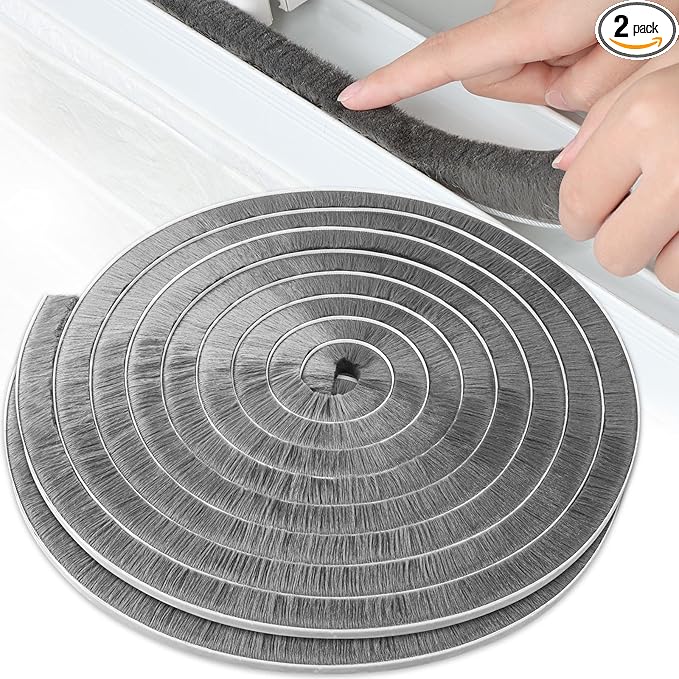 2Pack MILEQEE Door Brush Seal, 66Feet Total, Felt Pile Weather Stripping for Doors, Weather Strip for Windows Cabinet, Self Adhesive Draft Blocker, Dust Stopper Sliding Door Seal Winter, Grey 20m