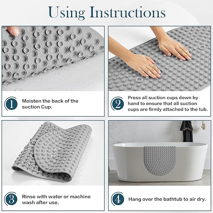 Silicone Bath Mat for Tub Non Slip, Bubble Massage Anti Slip Shower Mat with 27 x 15 Inches for Easy Storage, Washable Bathtub Floor Mats for All Ages, Grey, Oval