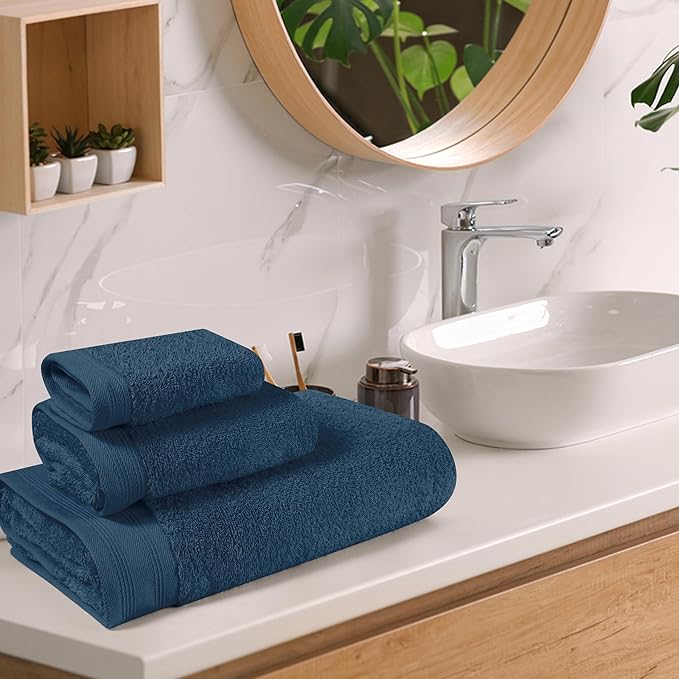 Ultra Soft 3 Pack Cotton Towel Set, Contains a Bath Towels 28x55 inch, a Hand Towels 16x24 inch & a Wash Coths 12x12 inch, Ideal Everyday use, Compact & Lightweight - Mineral Blue