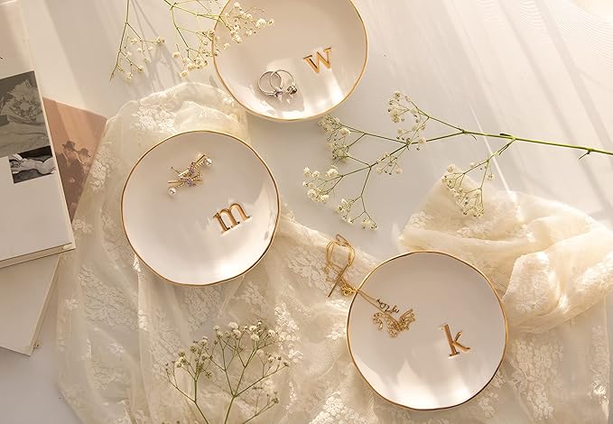 COLLECTIVE HOME - Ceramic Jewelry Tray, Decorative Trinket Dish for Rings Earrings Necklaces Bracelet Watch Keys, Birthday Mother's Day Christmas Gift for Women, 4.75", White Surface (D)
