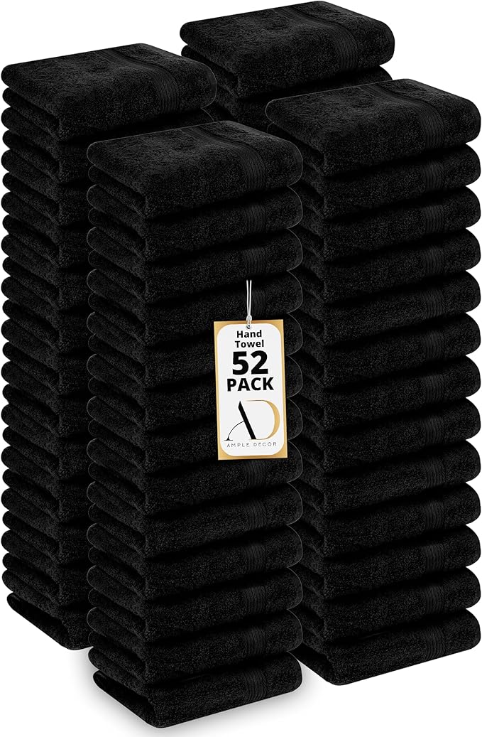 Ample Decor Hand Towel 18 X 28 Inch Pack of 52 600 GSM 100% Cotton,Soft Absorbent Thick Durable Premium Quality, for Hotel, Bathroom, Spa, Daily Use, Gym - Black